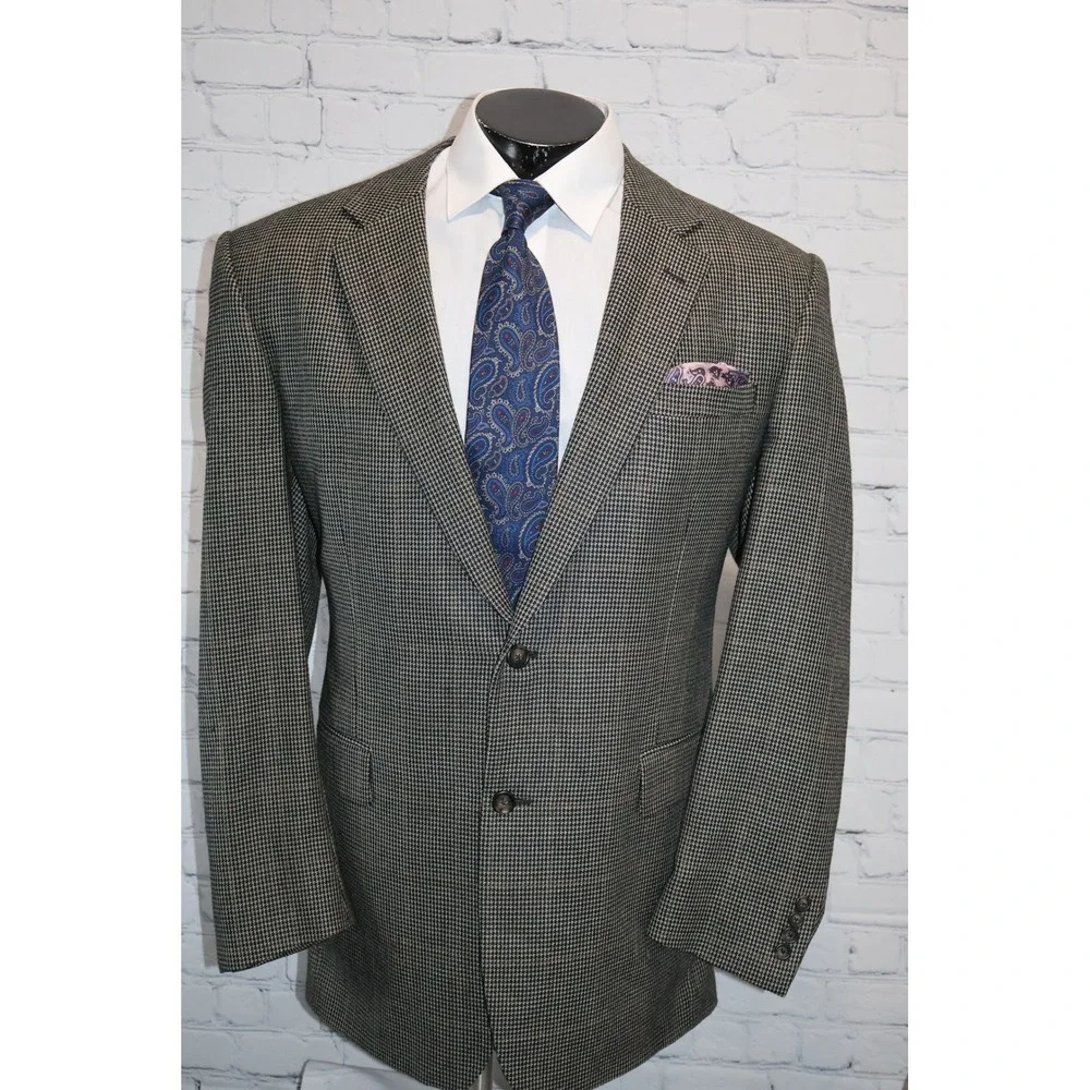 Jos. A. Bank Blazer Mens 44L Gray Houndstooth Plaid 2Btn Silk Wool Sport Coat